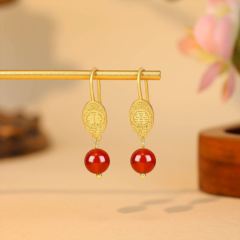 Gold Plated Jewelry - Brincos de Jade Vermelho Natural, Talismãs,