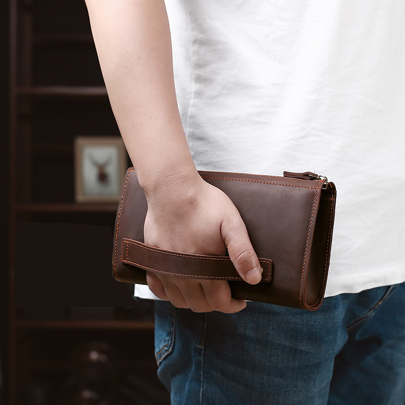 Leather Wallet Men - Carteiras masculinas longas de couro vintage